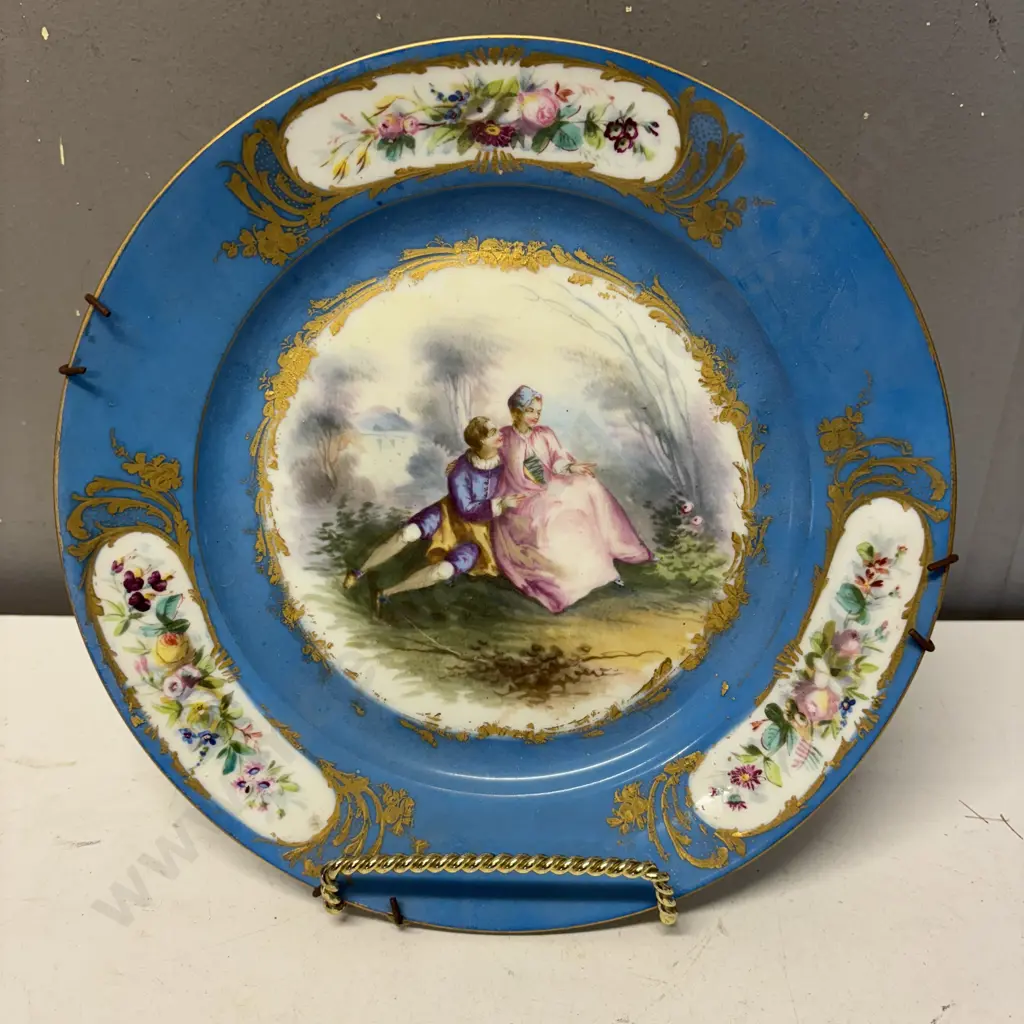 Antique Handpainted Sevres Plate. Celeste blue with gilded panels. Dia24.5cm Image 1++