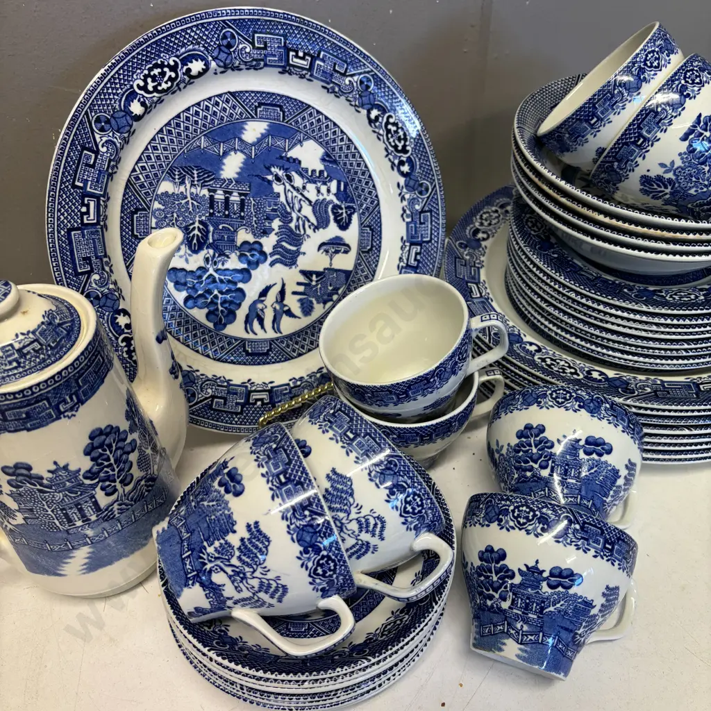 Woods Blue and White Willow pattern dinnerware, Coffee Pot and trios Image 1++