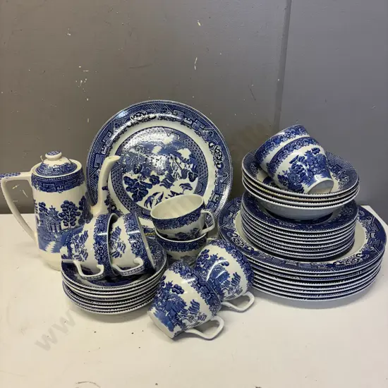 Woods Blue and White Willow pattern dinnerware, Coffee Pot and trios