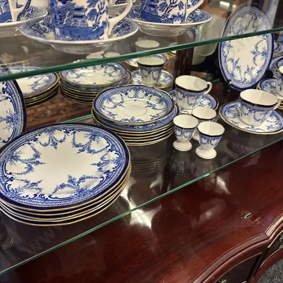 Assorted Antique Royal Crown Derby Flow blue dinner and teaware