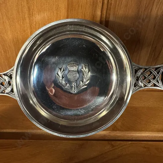Celtic Knot Handle Pewter Quaich Bowl With Scottish Thistle Badge 