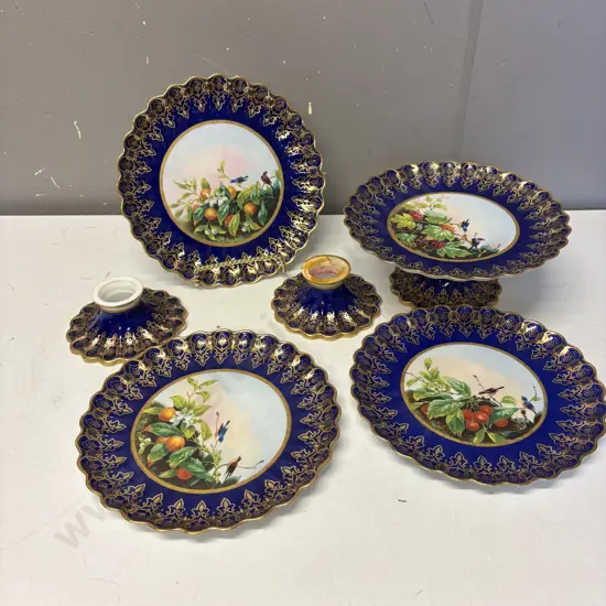 Antique Spode handpainted plate with 3 x footed Compotes (two need regluing as shown)