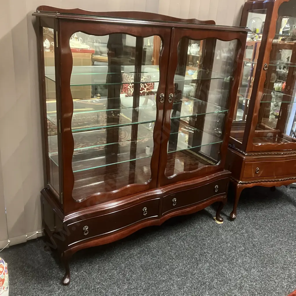 Mahogany Double Glass Door China Display Cabinet, Pillarless, Mirror Backed, 3 Glass Shelves, 2 Drawers In Base Image 1++