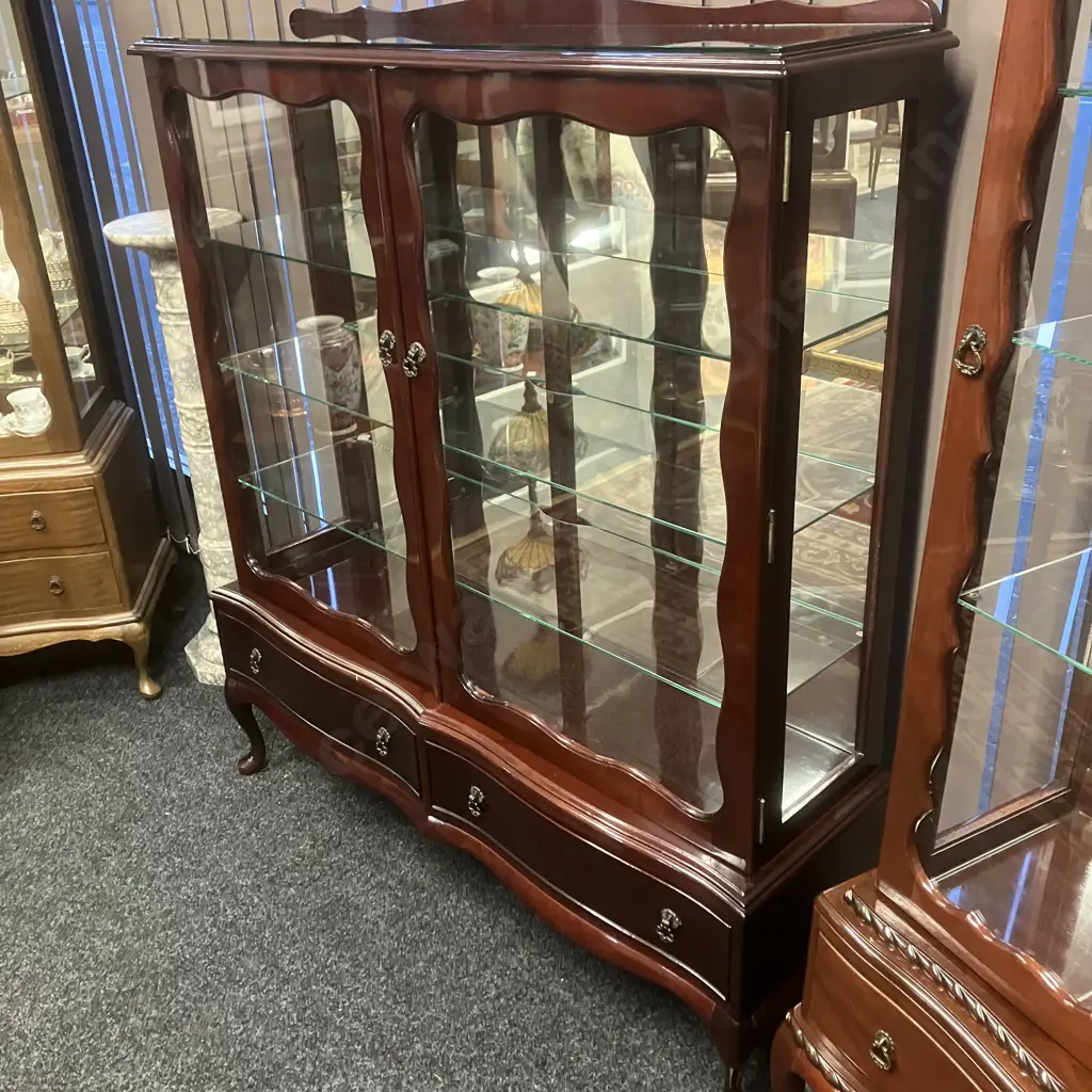 Mahogany Double Glass Door China Display Cabinet, Pillarless, Mirror Backed, 3 Glass Shelves, 2 Drawers In Base Image 1++