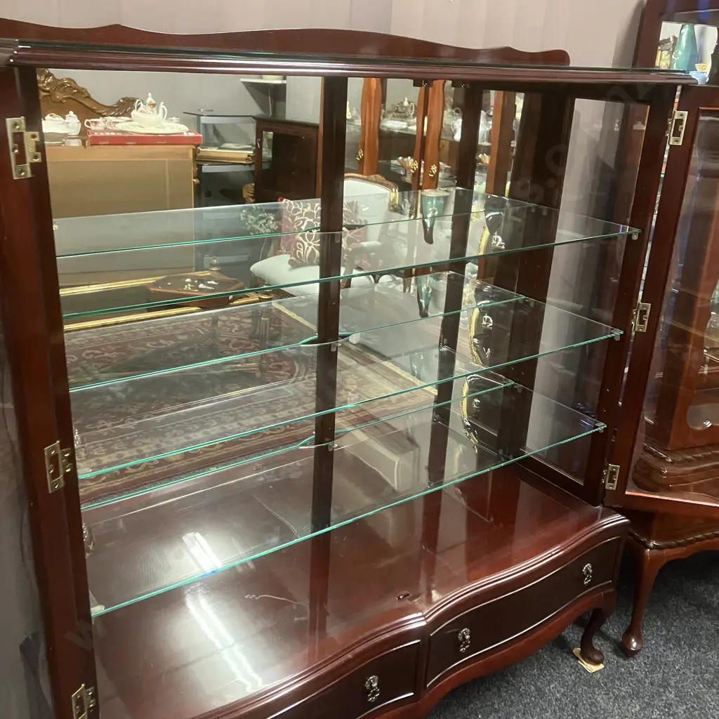 Mahogany Double Glass Door China Display Cabinet, Pillarless, Mirror Backed, 3 Glass Shelves, 2 Drawers In Base Image 1++