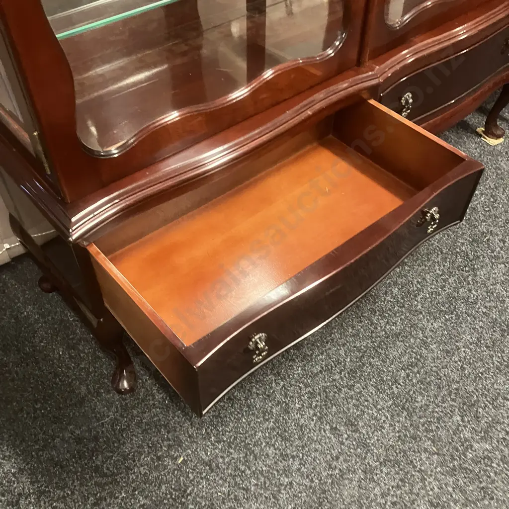 Mahogany Double Glass Door China Display Cabinet, Pillarless, Mirror Backed, 3 Glass Shelves, 2 Drawers In Base Image 1++