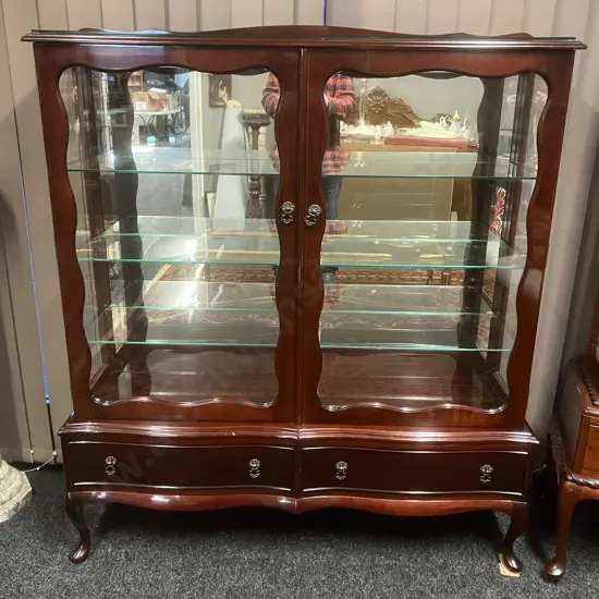 Mahogany Double Glass Door China Display Cabinet, Pillarless, Mirror Backed, 3 Glass Shelves, 2 Drawers In Base