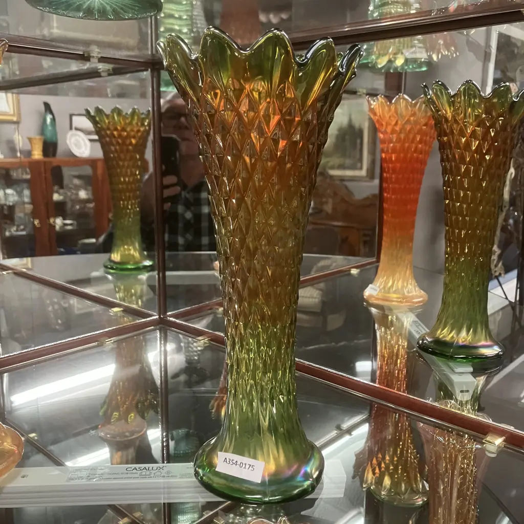 Antique Northwood Diamond Point Green Iridiscent Carnival Glass Vase. Stamped On Base. H26.5cm Image 1++