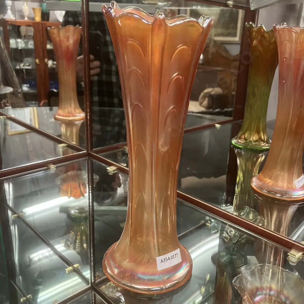 Vintage Dugan Pulled Loop Marigold Carnival Glass Vase. H24cm Image 1++