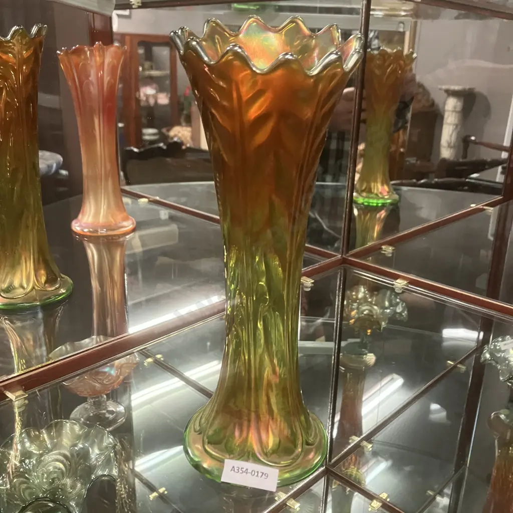 Rare Fenton Green Iridescent Fern Leaves Pattern Swung Carnival Glass Vase. H25cm Image 1++