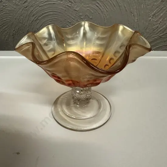 Vintage Carnival Glass Compote Dish Thumb Print Pattern  H11,W15cm.