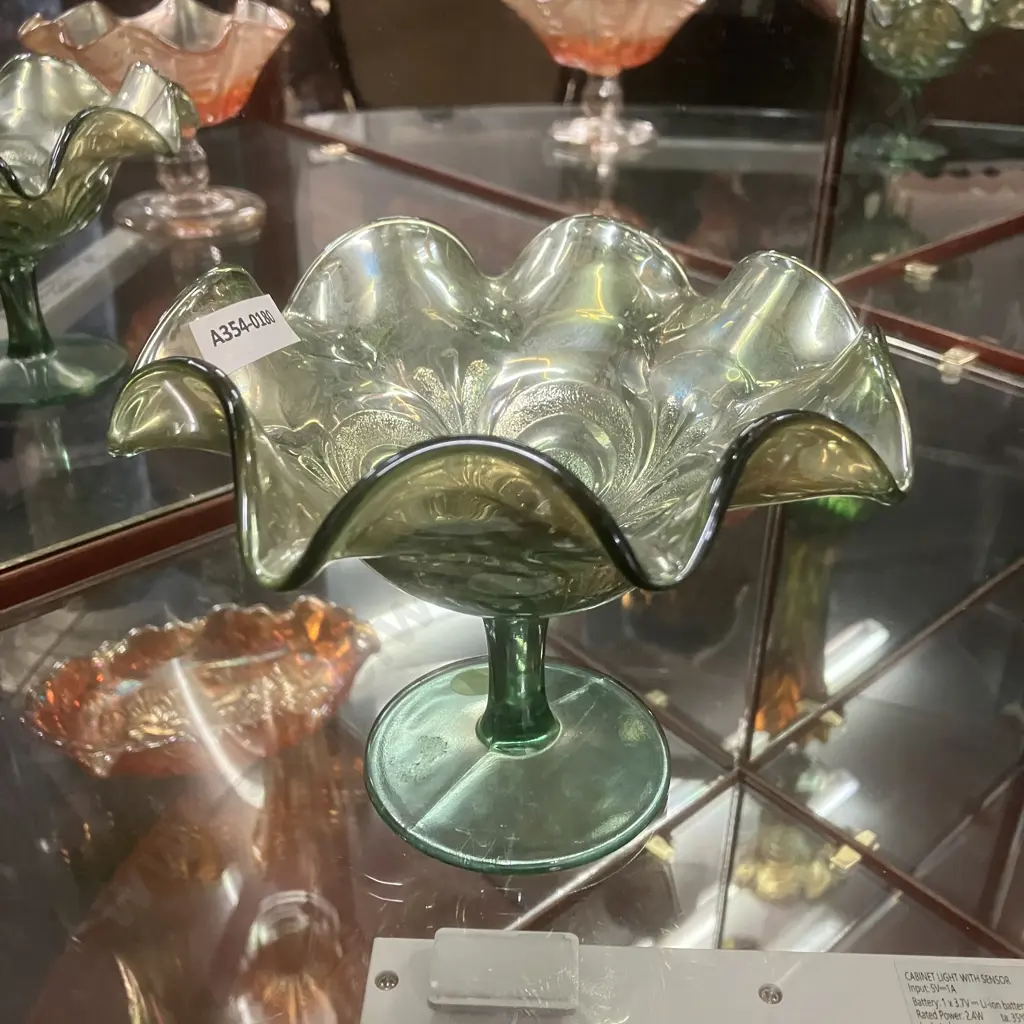 Antique Imperial Helios Green Scroll Embossed Carnival Glass Compote Stemmed. 11 x 15.5cm Image 1++
