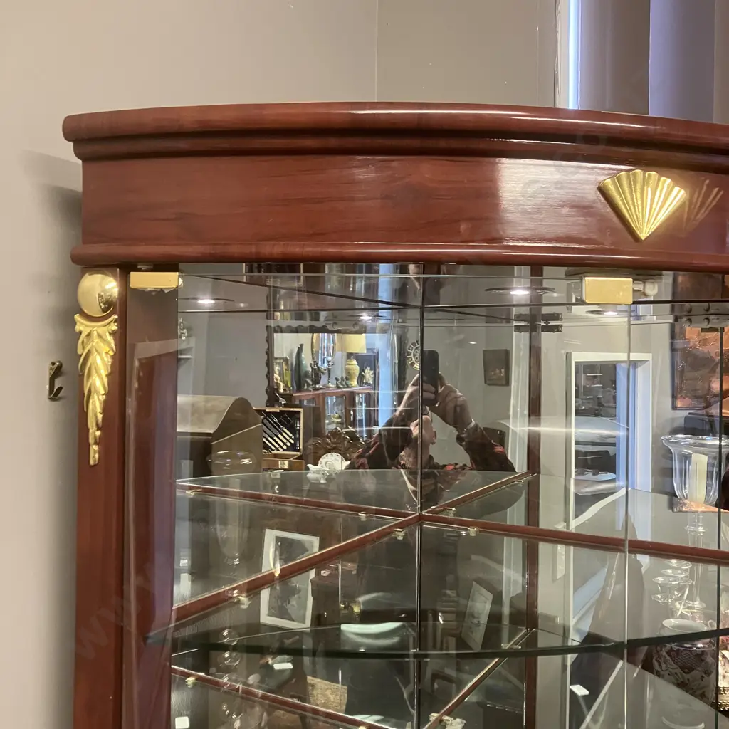 Double Curved Glass Door Corner Display Cabinet, Mirror Backed, Gilt Detailing, 5 Glass Shelves, Recharging LED Lights Image 1++