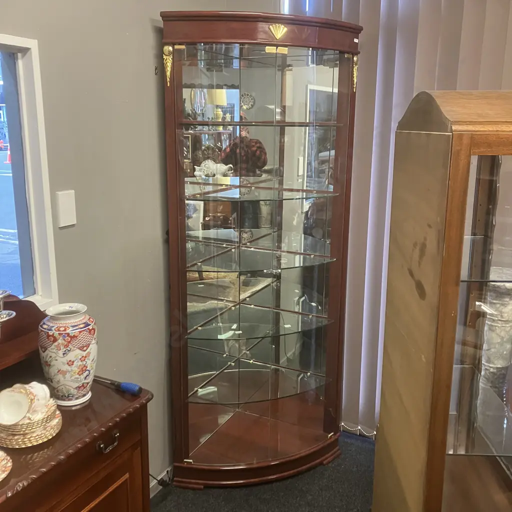 Double Curved Glass Door Corner Display Cabinet, Mirror Backed, Gilt Detailing, 5 Glass Shelves, Recharging LED Lights Image 1++