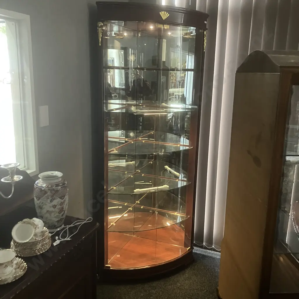 Double Curved Glass Door Corner Display Cabinet, Mirror Backed, Gilt Detailing, 5 Glass Shelves, Recharging LED Lights Image 1++