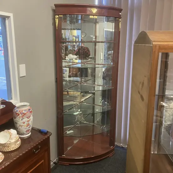 Double Curved Glass Door Corner Display Cabinet, Mirror Backed, Gilt Detailing, 5 Glass Shelves, Recharging LED Lights