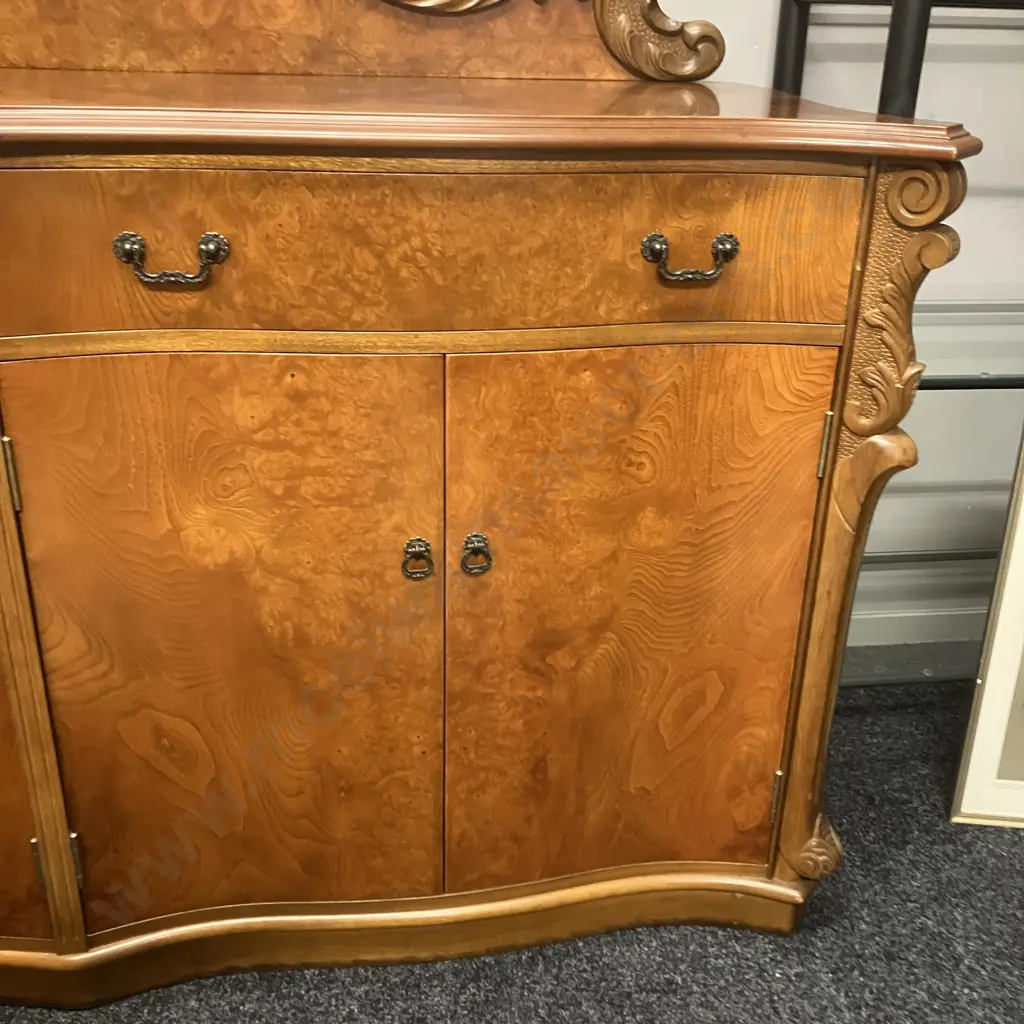 Mahogany & Burr Walnut Veneer Heavily Carved Sideboard, 2 Felt Lined Drawers, 4 Door, Davies ChCh NZ. H130 W170 D60cm Image 1++
