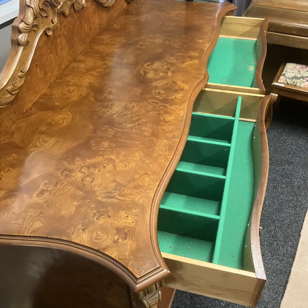 Mahogany & Burr Walnut Veneer Heavily Carved Sideboard, 2 Felt Lined Drawers, 4 Door, Davies ChCh NZ. H130 W170 D60cm Image 1++