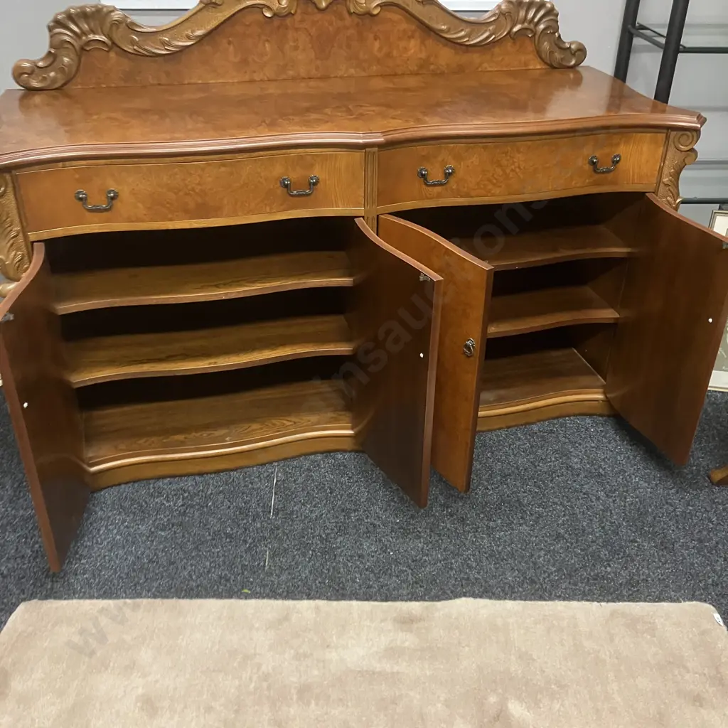 Mahogany & Burr Walnut Veneer Heavily Carved Sideboard, 2 Felt Lined Drawers, 4 Door, Davies ChCh NZ. H130 W170 D60cm Image 1++