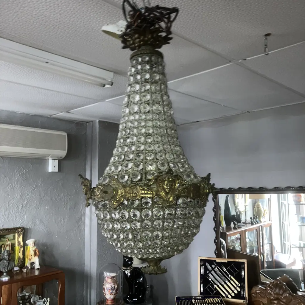 French Ormolu And Cut Glass Empire Style 'Tent And Bag' 4 Light Chandelier. 63 x 35cm Image 1++