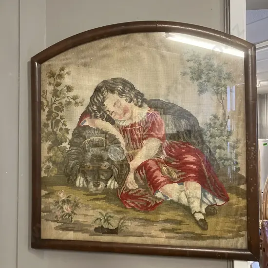 Victorian Framed Needlepoint Of Girl With a Dog. 47 x 46.5cm