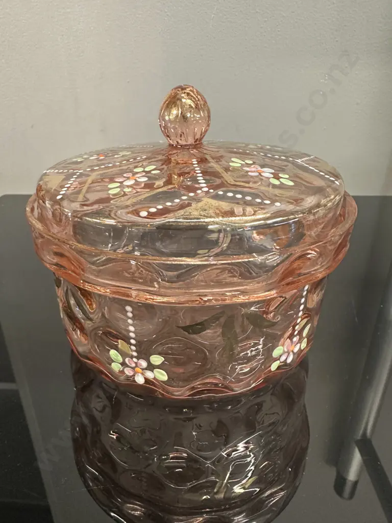 Vintage Pink Lidded Trinket Dish With Handpainted Floral Detail H11,Dia13cm. Image 1++