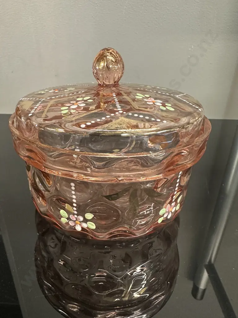 Vintage Pink Lidded Trinket Dish With Handpainted Floral Detail H11,Dia13cm. Image 1++