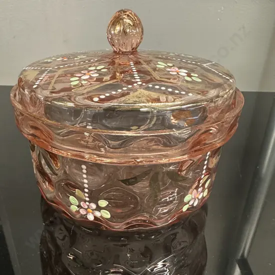 Vintage Pink Lidded Trinket Dish With Handpainted Floral Detail H11,Dia13cm.