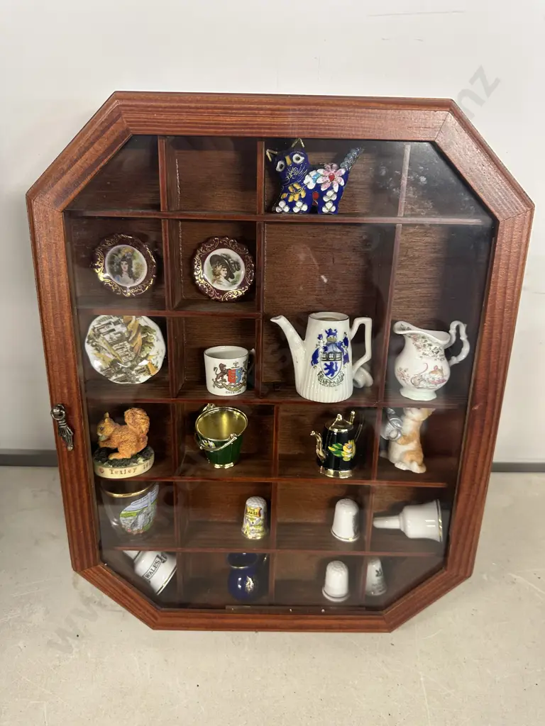 Assorted Ornaments In Shadow Box Including Thimbles, Animal Figurines Etc H38,W30, D6cm. Image 1++