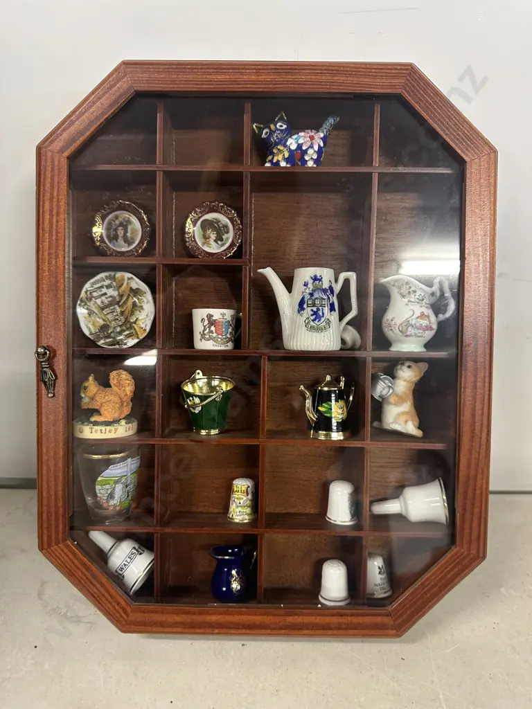 Assorted Ornaments In Shadow Box Including Thimbles, Animal Figurines Etc H38,W30, D6cm. Image 1++