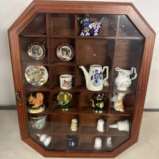 Assorted Ornaments In Shadow Box Including Thimbles, Animal Figurines Etc H38,W30, D6cm.