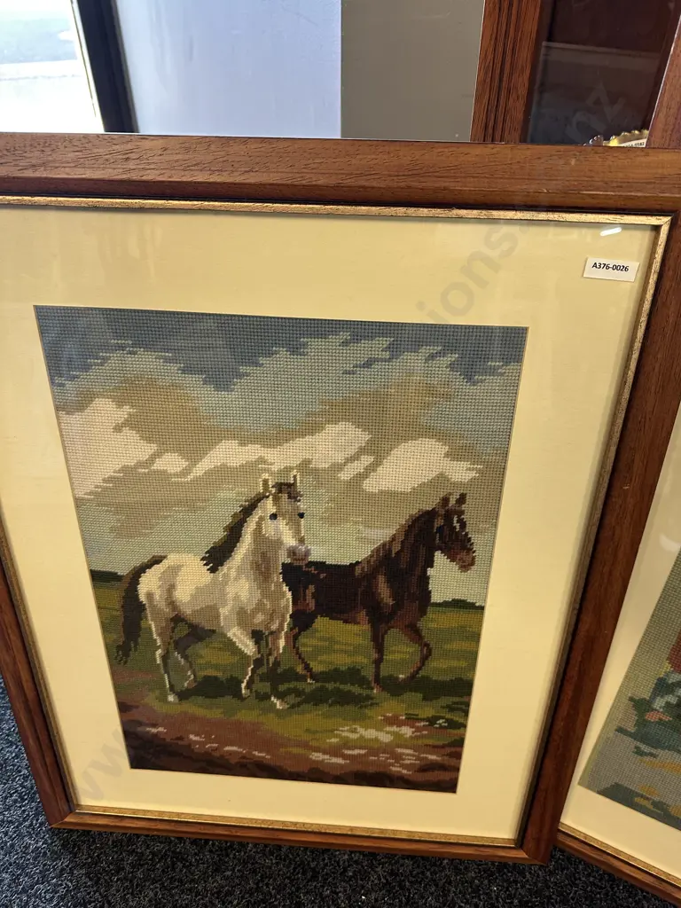 Pair of Vintage Equestrian Framed Cross Stitches Image 1++