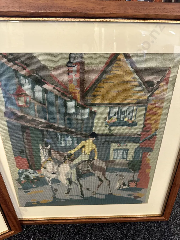 Pair of Vintage Equestrian Framed Cross Stitches Image 1++