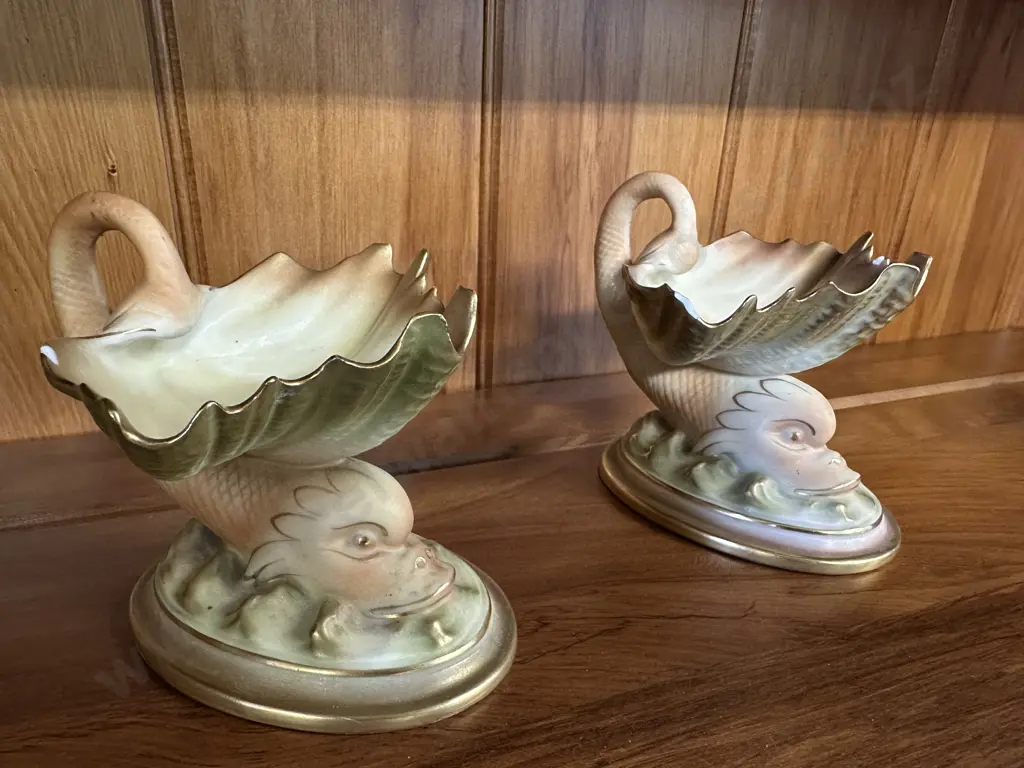 Pair Of Antique Royal Worcester Porcelain Dolphin & ShellSalt/Bonbon Dishes (as found) H11,W12cm. Image 1++