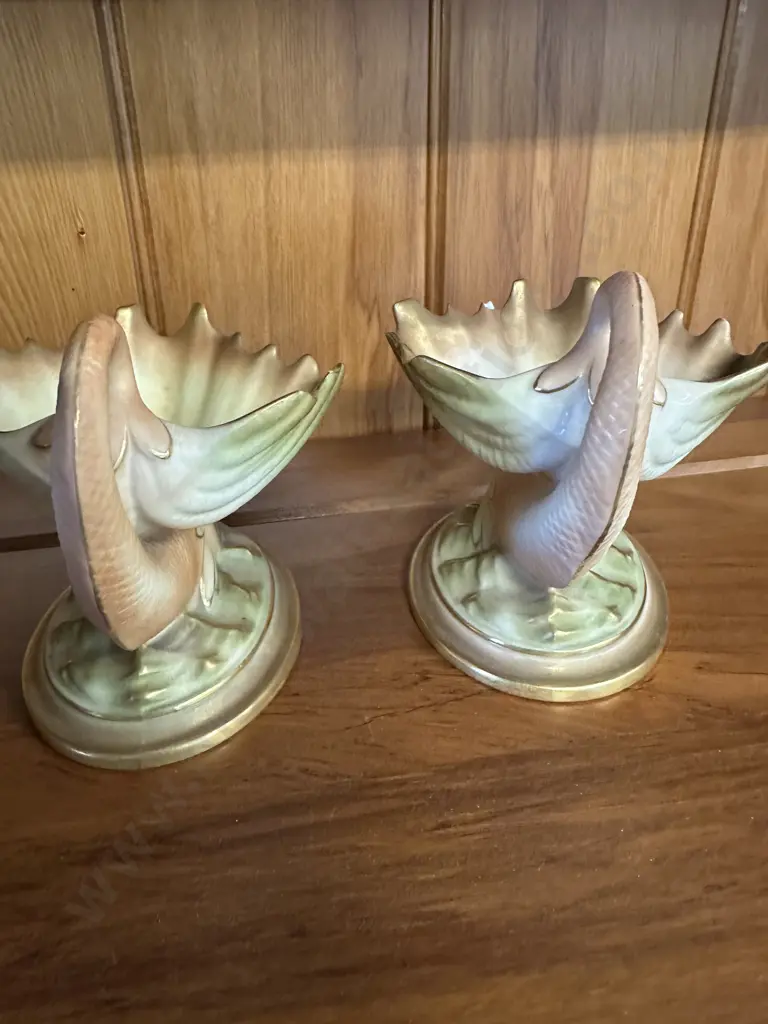 Pair Of Antique Royal Worcester Porcelain Dolphin & ShellSalt/Bonbon Dishes (as found) H11,W12cm. Image 1++