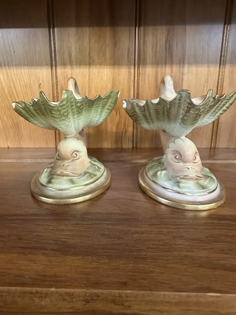 Pair Of Antique Royal Worcester Porcelain Dolphin & ShellSalt/Bonbon Dishes (as found) H11,W12cm. Image 1++