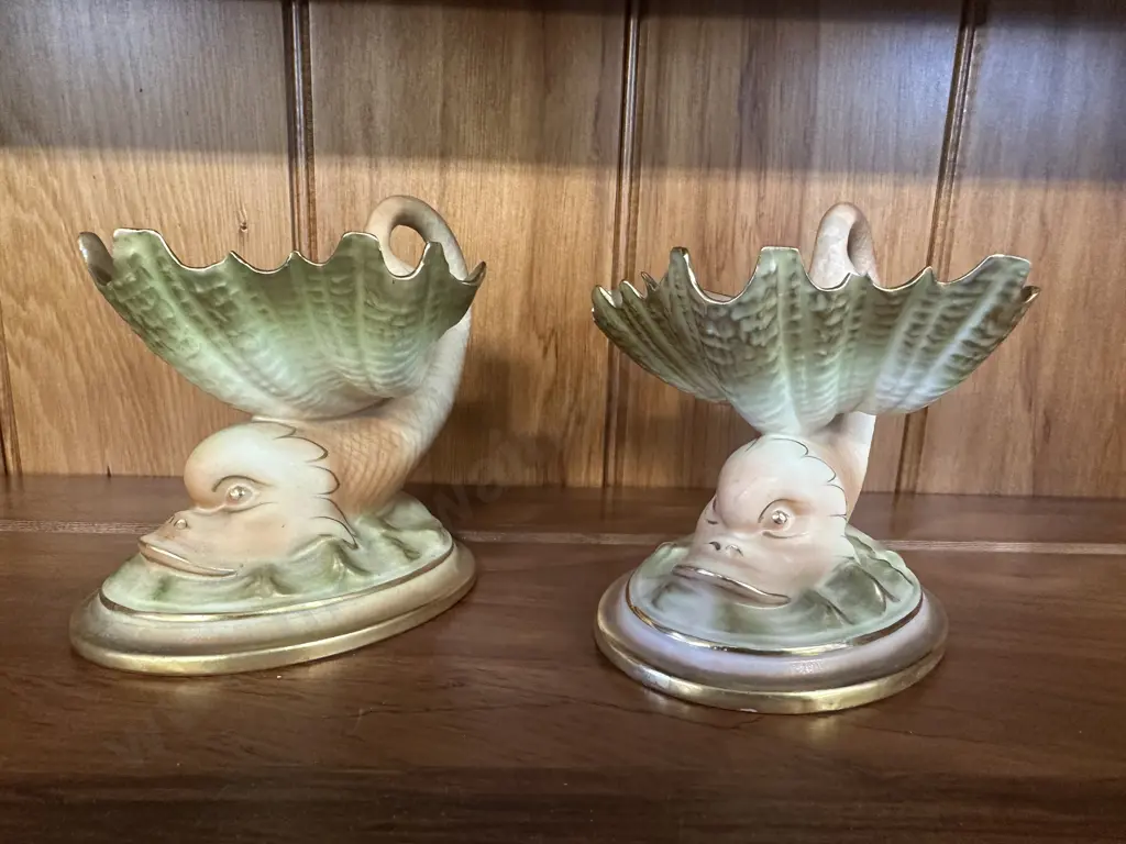 Pair Of Antique Royal Worcester Porcelain Dolphin & ShellSalt/Bonbon Dishes (as found) H11,W12cm. Image 1++