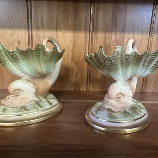 Pair Of Antique Royal Worcester Porcelain Dolphin & ShellSalt/Bonbon Dishes (as found) H11,W12cm.