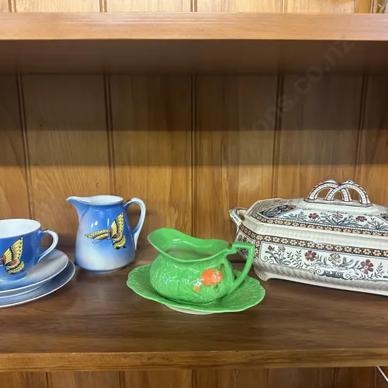 Antique China Lidded Serving Dish, Crown Devon Jug & Under Plate Etc