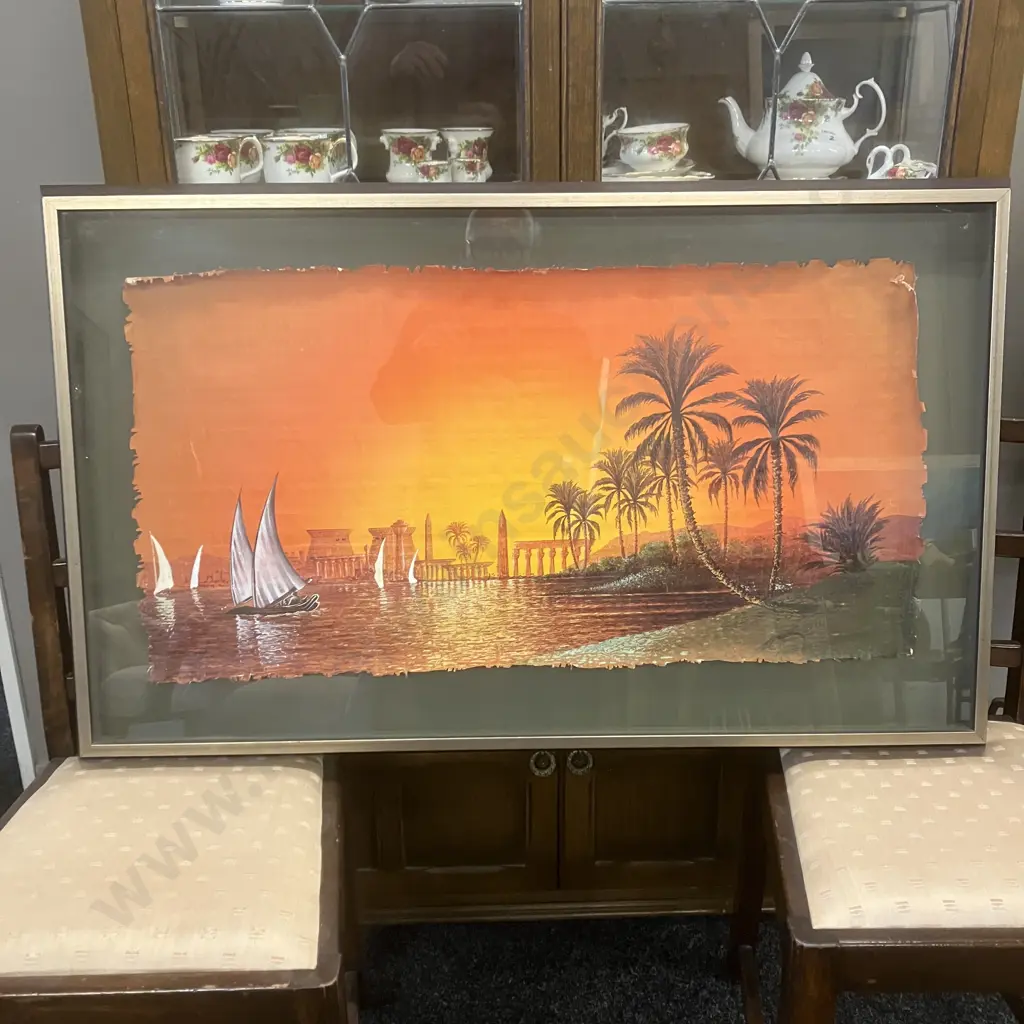 Original Oil On Papyrus Painting Depicting Parts of Karnak Temple, Signed. 65 x 107cm Image 1++