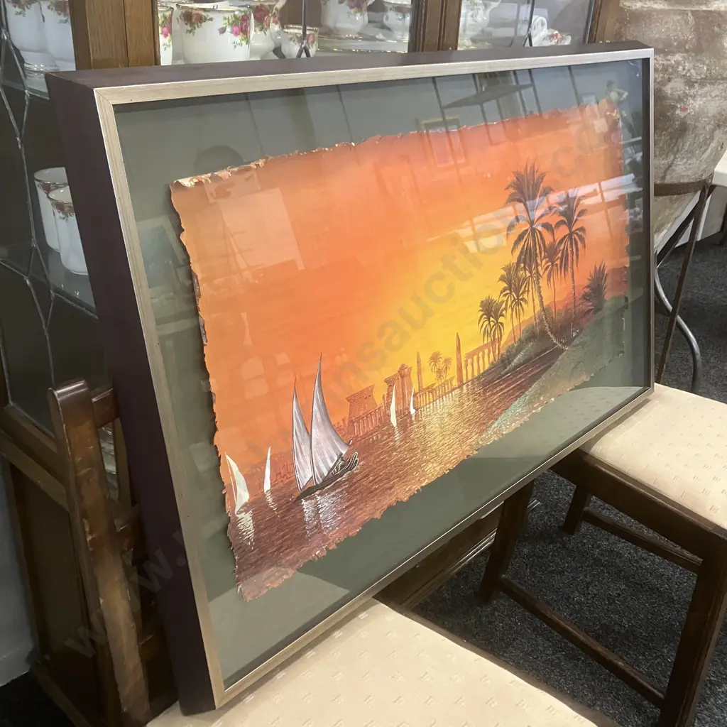 Original Oil On Papyrus Painting Depicting Parts of Karnak Temple, Signed. 65 x 107cm Image 1++