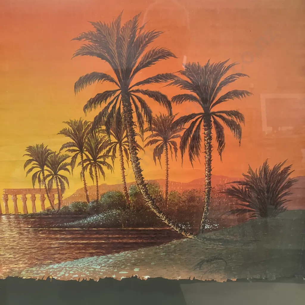 Original Oil On Papyrus Painting Depicting Parts of Karnak Temple, Signed. 65 x 107cm Image 1++