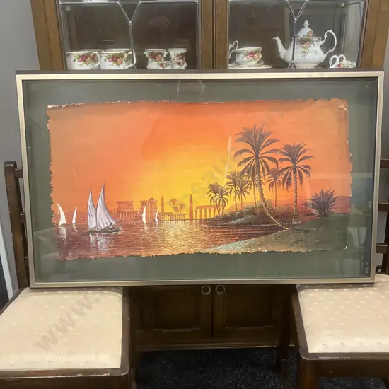 Original Oil On Papyrus Painting Depicting Parts of Karnak Temple, Signed. 65 x 107cm