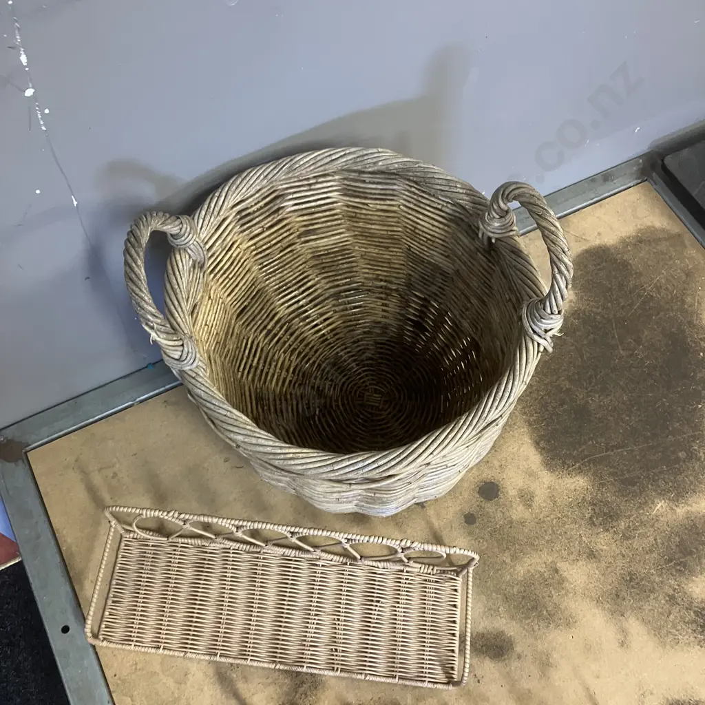 Cane Basket & Pair of Cane Wall Shelves Image 1++