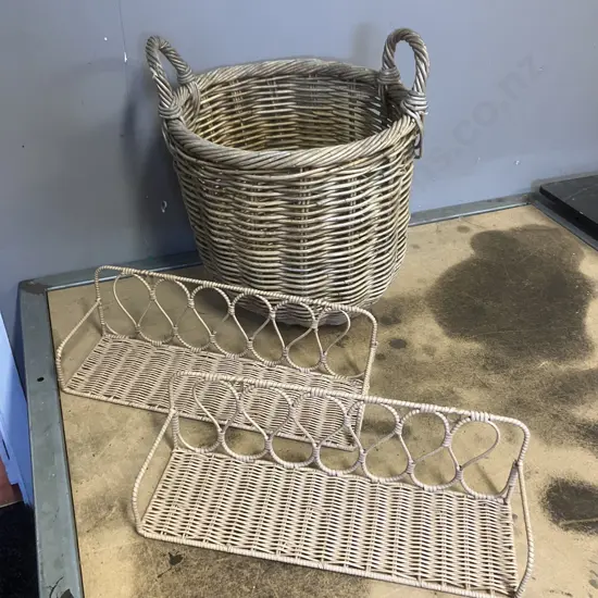 Cane Basket & Pair of Cane Wall Shelves