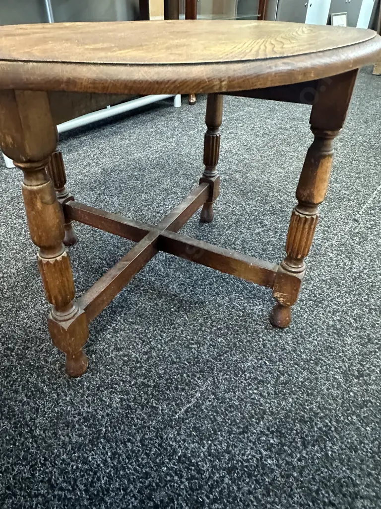 Antique Oak Round Side Table With X Base. 47 x 59.5cm Image 1++