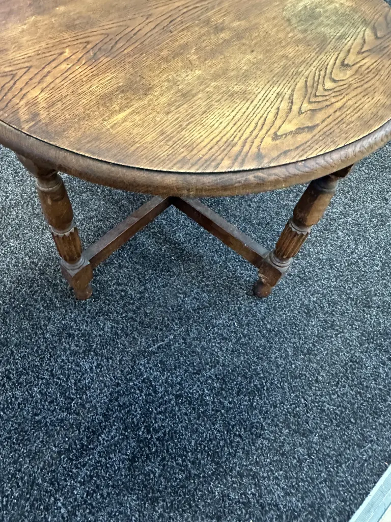 Antique Oak Round Side Table With X Base. 47 x 59.5cm Image 1++