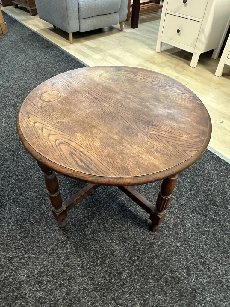 Antique Oak Round Side Table With X Base. 47 x 59.5cm Image 1++