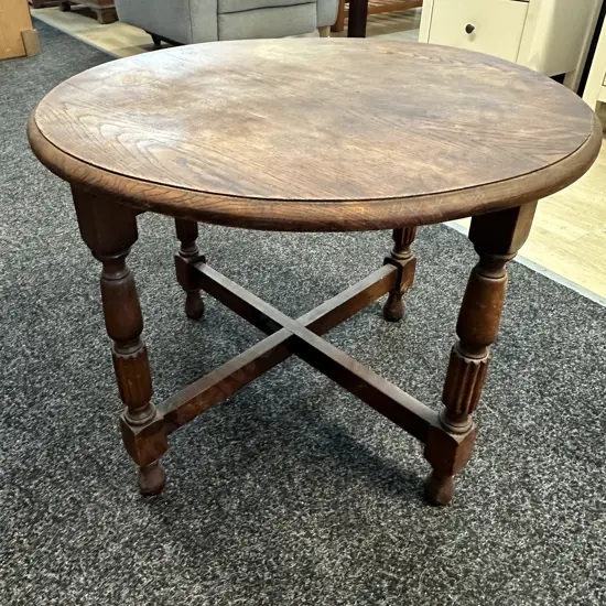 Antique Oak Round Side Table With X Base. 47 x 59.5cm