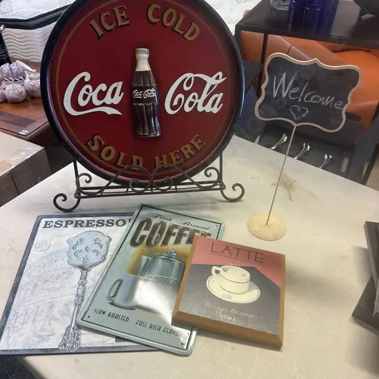 Wrought Recipe Stand, Coca Cola, Wall Art, Espresso Coffee Signs Etc
